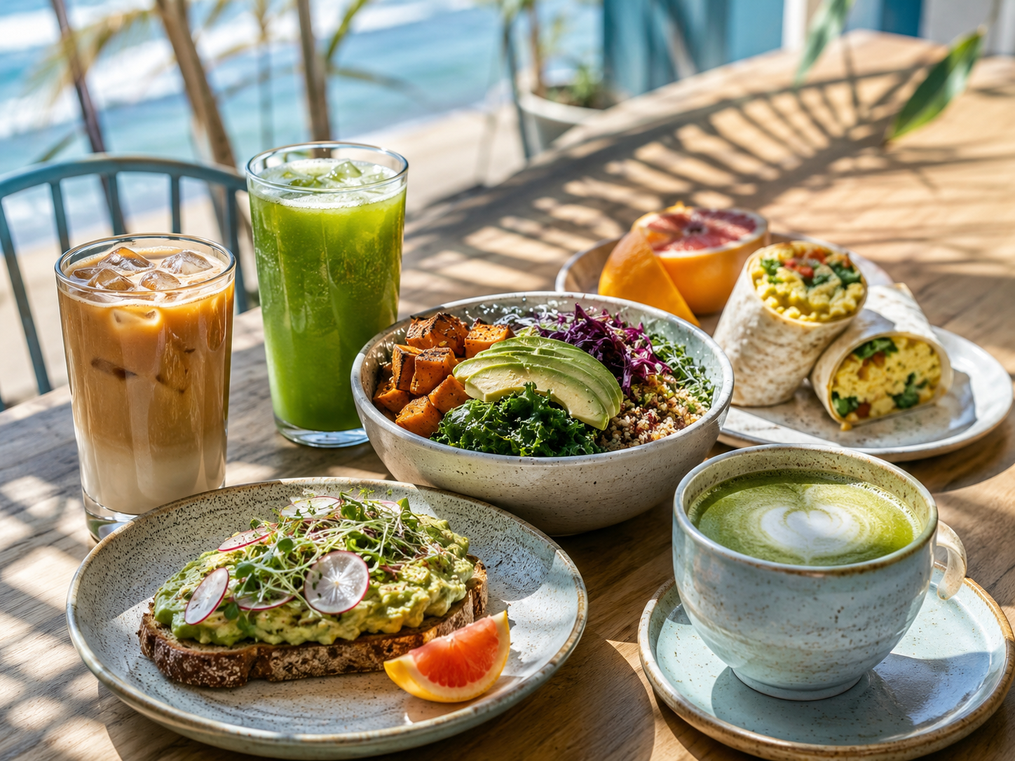 Iced latte, green juice, matcha, avocado toast, citrus, and protein bowl on a sunlit Long Beach cafe table
