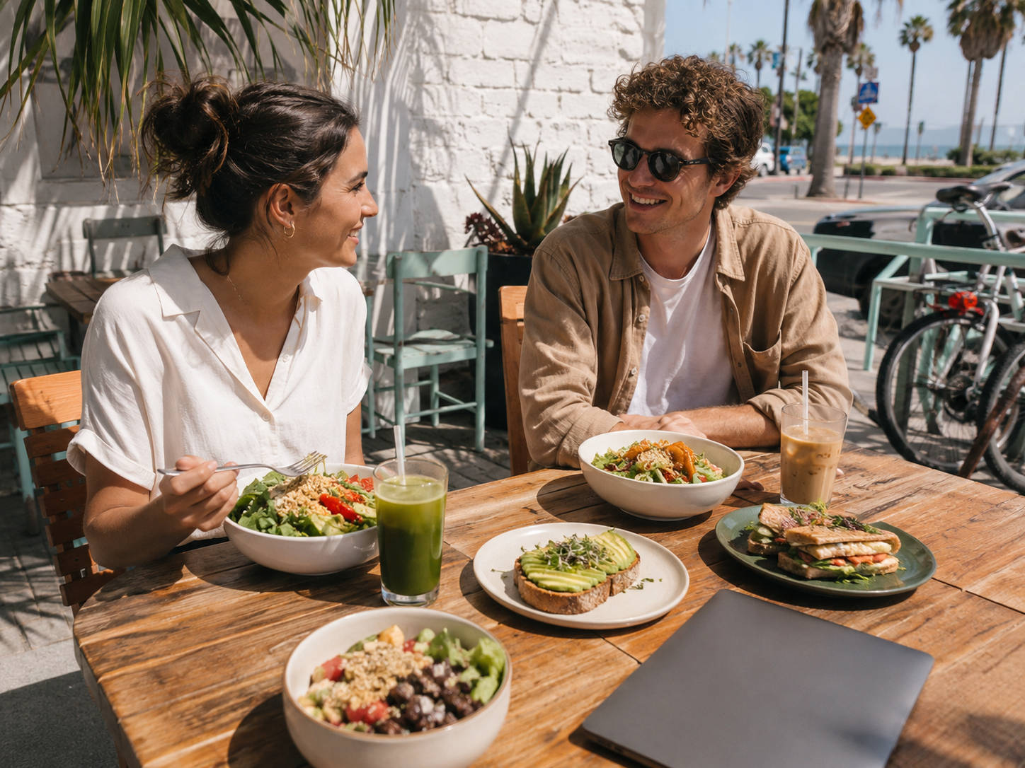 Long Beach cafe patio lunch meeting with iced coffee, green juice, bowls, salad, and light sandwiches